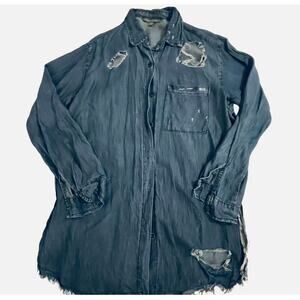 Womens Edgy Distressed Denim Shirt Shredded, Lightweight, Blue - Large